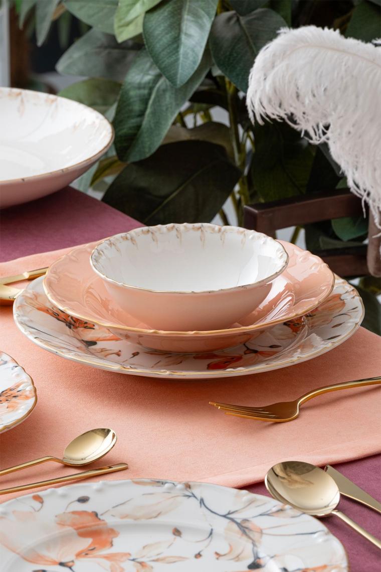 Mari Gold Pembe Çiçekli 6 Kişilik 29 Parça Porselen Yemek Takımı 12349