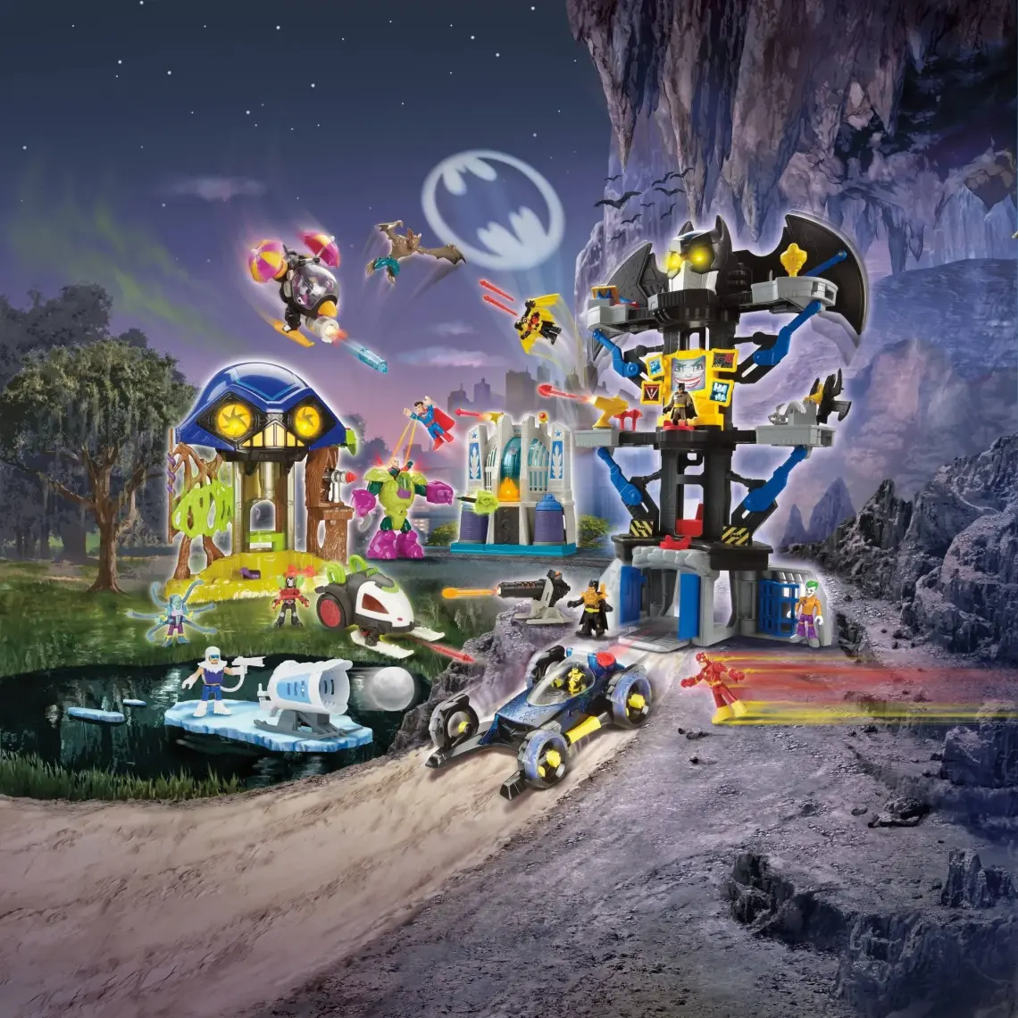 Imaginext Dc Super Friends 2'Si 1 Arada Transforming (Dönüşen) Batcave, Süper Kahraman Oyuncaklarından Batman, Joker, Zırh ve Fırlatıcı Dahil Chh91