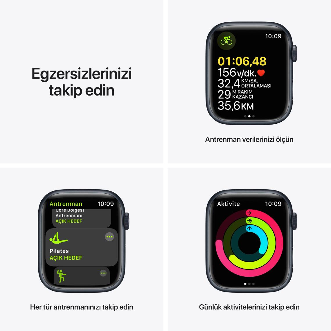Apple Watch Seri 7 Gps, 45MM Siyah Alüminyum Kasa  ve Siyah Spor Kordon - Regular MKN53TU/A