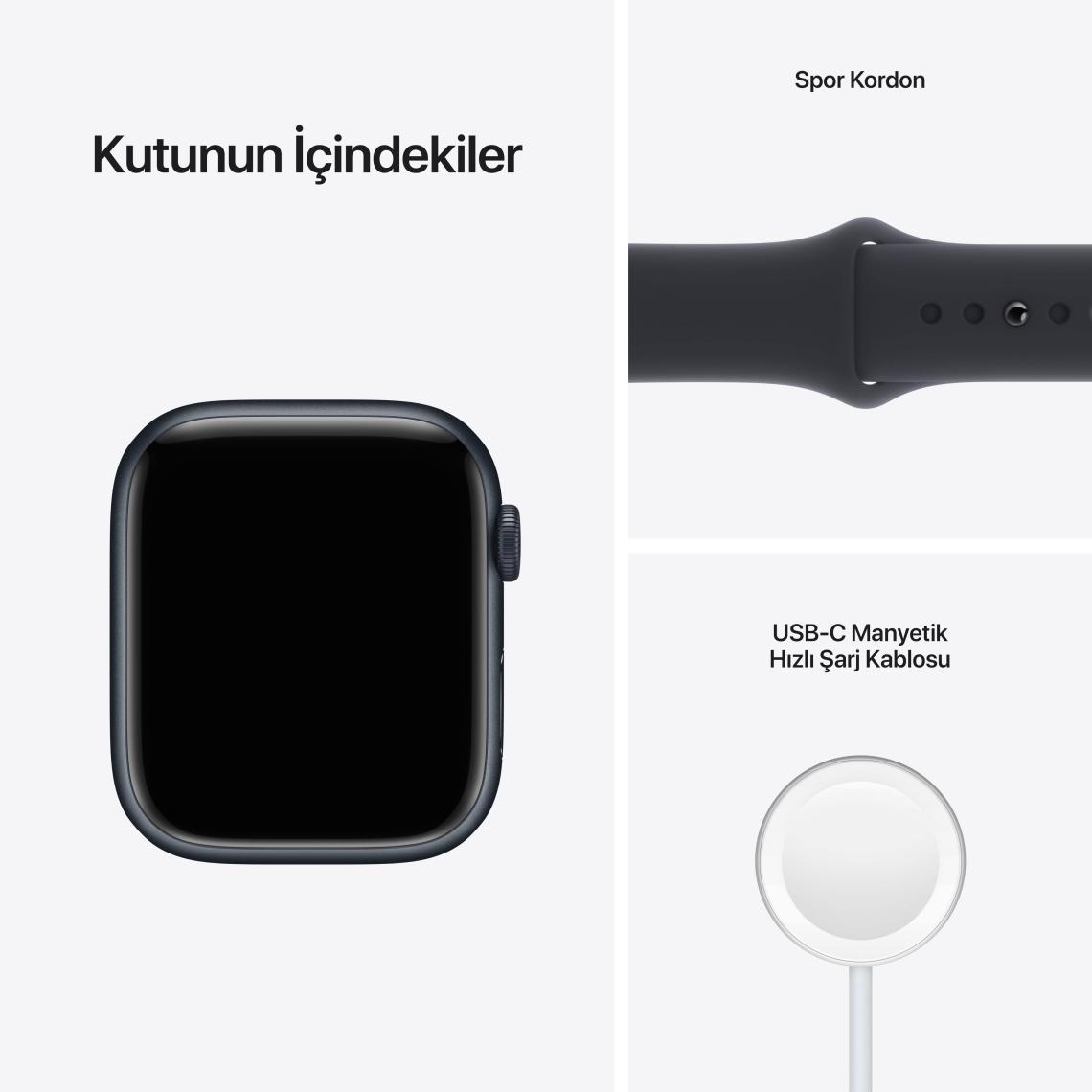 Apple Watch Seri 7 Gps, 45MM Siyah Alüminyum Kasa  ve Siyah Spor Kordon - Regular MKN53TU/A