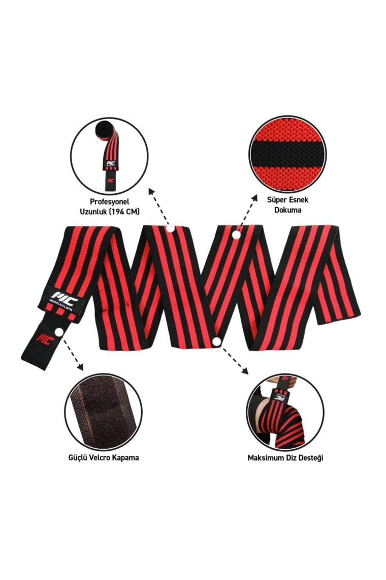 Pro Knee Wraps Diz Bandajı 2'li Paket - Cırt Bantlı Siyah Kırmızı