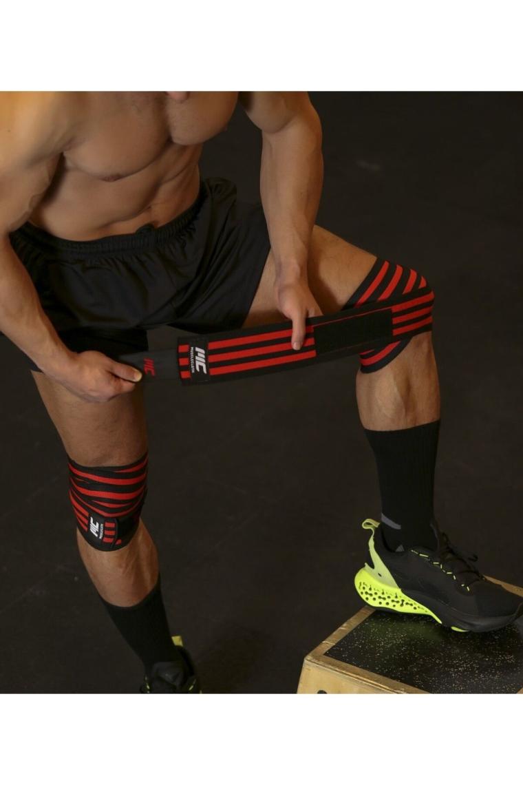 Pro Knee Wraps Diz Bandajı 2'li Paket - Cırt Bantlı Siyah Kırmızı