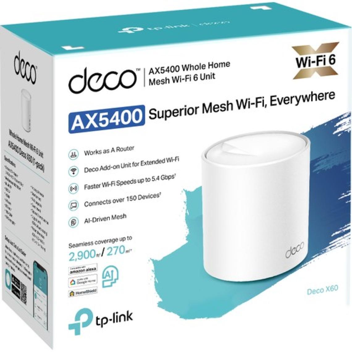 TP-Link Deco X60 (1-Pack) | Wi-Fi 6 Mesh Sistemi | AX5400 Mbps Hız | Fiber Uyumlu | Çift Bant | Gigabit Port | 150 Cihaz | 270 m² Kapsama | WPA3 | Mobil Uygulama ile Kolay Kurulum