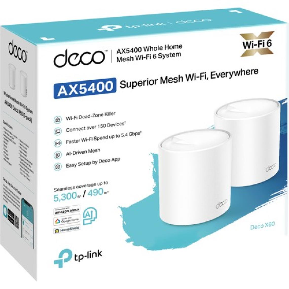 TP-Link Deco X60 (2-Pack) | Wi-Fi 6 Mesh Sistemi | AX5400 Mbps Hız | Fiber Uyumlu | Çift Bant | Gigabit Port | 150 Cihaz | 490 m² Kapsama | WPA3 | Mobil Uygulama ile Kolay Kurulum