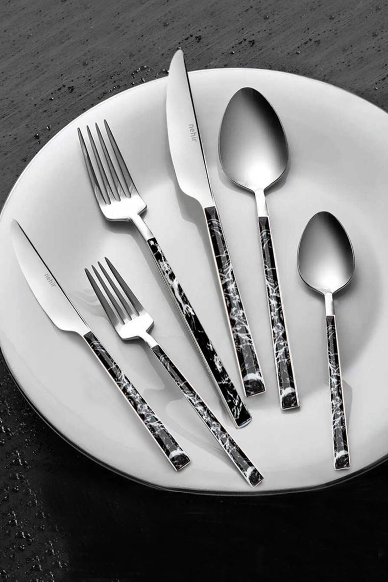 Tulıp Silver Siyah Mermer 36 Parça Çatal Bıçak Kaşık Takımı