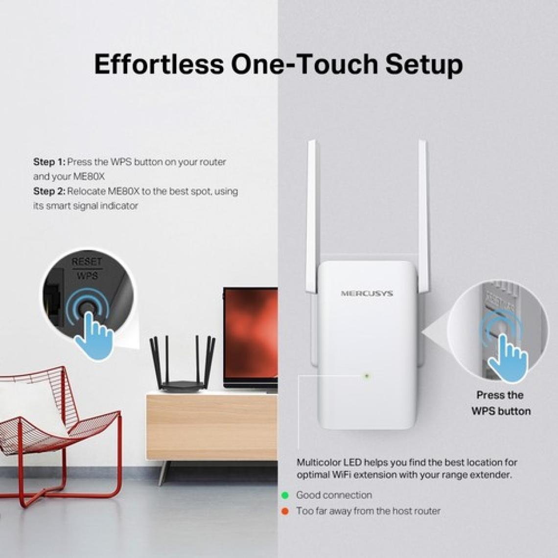 Mercusys ME80X | AX3000 Mbps Dual-Band Wi-Fi 6 Menzil Genişletici | 1 Gigabit Port | 2 Harici Anten | Access Point Modu | Kolay Kurulum | Mobil Uygulama Destekli
