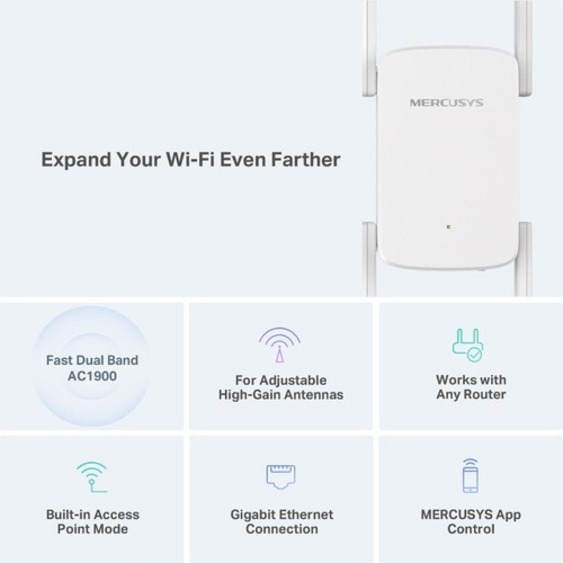 Mercusys ME50G, AC1900 Mbps, 1 Gigabit Bağlantı Noktası ve 4 Harici Anten, Dahili Access Point Modu, Tek Tuşla Kolay Kurulum, Mobil Uygulama Desteği, Dual-Band Wi-Fi 5 Menzil Genişletici