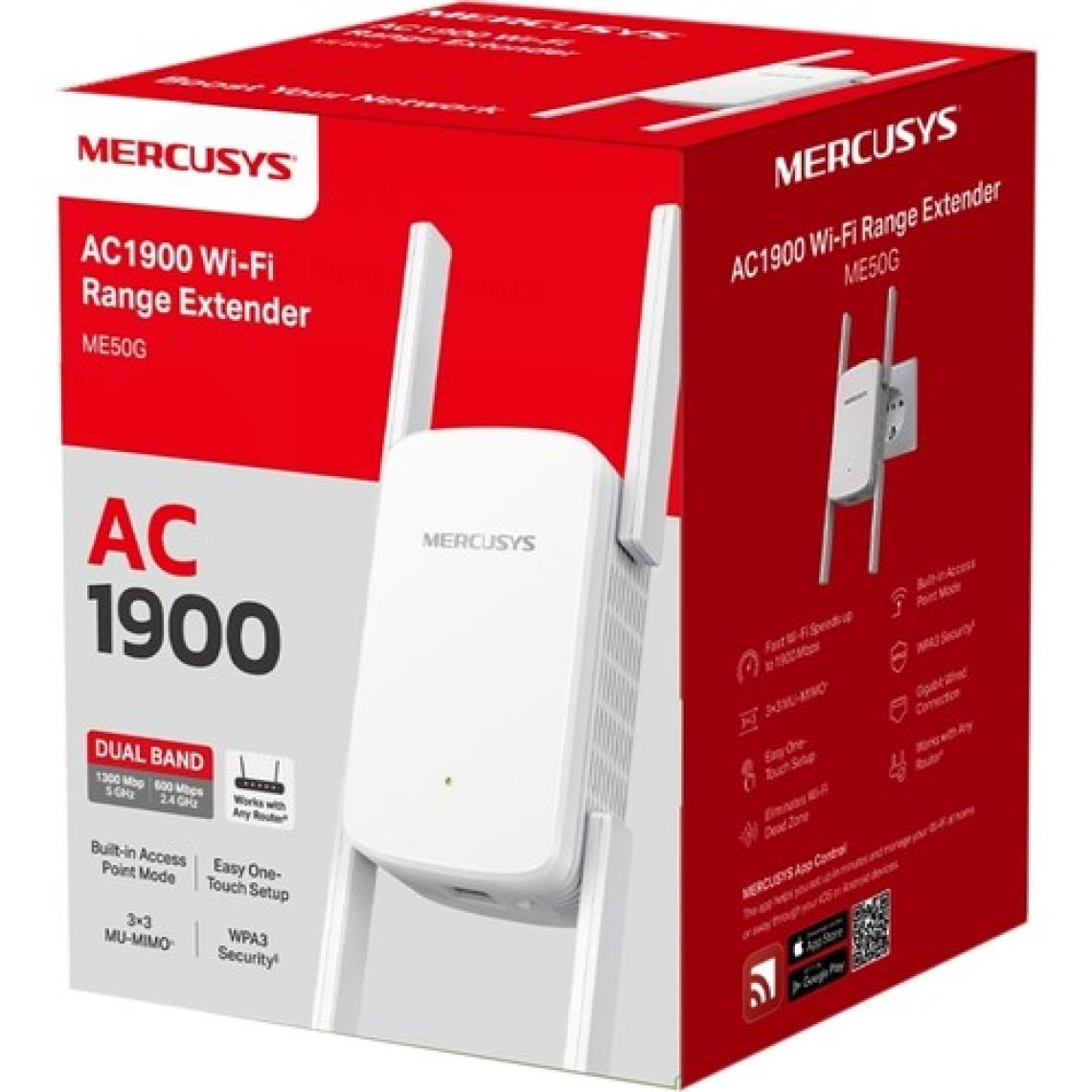 Mercusys ME50G, AC1900 Mbps, 1 Gigabit Bağlantı Noktası ve 4 Harici Anten, Dahili Access Point Modu, Tek Tuşla Kolay Kurulum, Mobil Uygulama Desteği, Dual-Band Wi-Fi 5 Menzil Genişletici