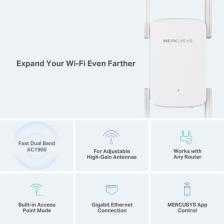 Mercusys ME50G, AC1900 Mbps, 1 Gigabit Bağlantı Noktası ve 4 Harici Anten, Dahili Access Point Modu, Tek Tuşla Kolay Kurulum, Mobil Uygulama Desteği, Dual-Band Wi-Fi 5 Menzil Genişletici