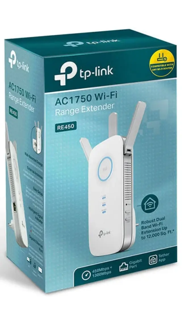 TP-Link RE450 | Wi-Fi 5 Menzil Genişletici | AC1750 Mbps | 1 Gigabit Port | 3 Harici Anten | Access Point Modu | Dual Band | Tüm Modem ve Router Modelleri ile Uyumludur