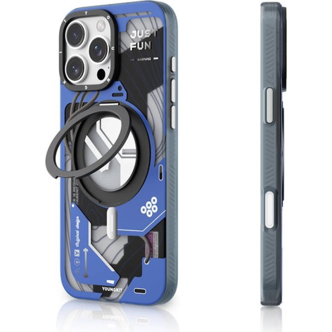 YoungKit iPhone 16 Pro Max Uyumlu Kılıf Magsafe Şarj Özellikli Youngkit 360° Standlı Starship Serisi Mavi
