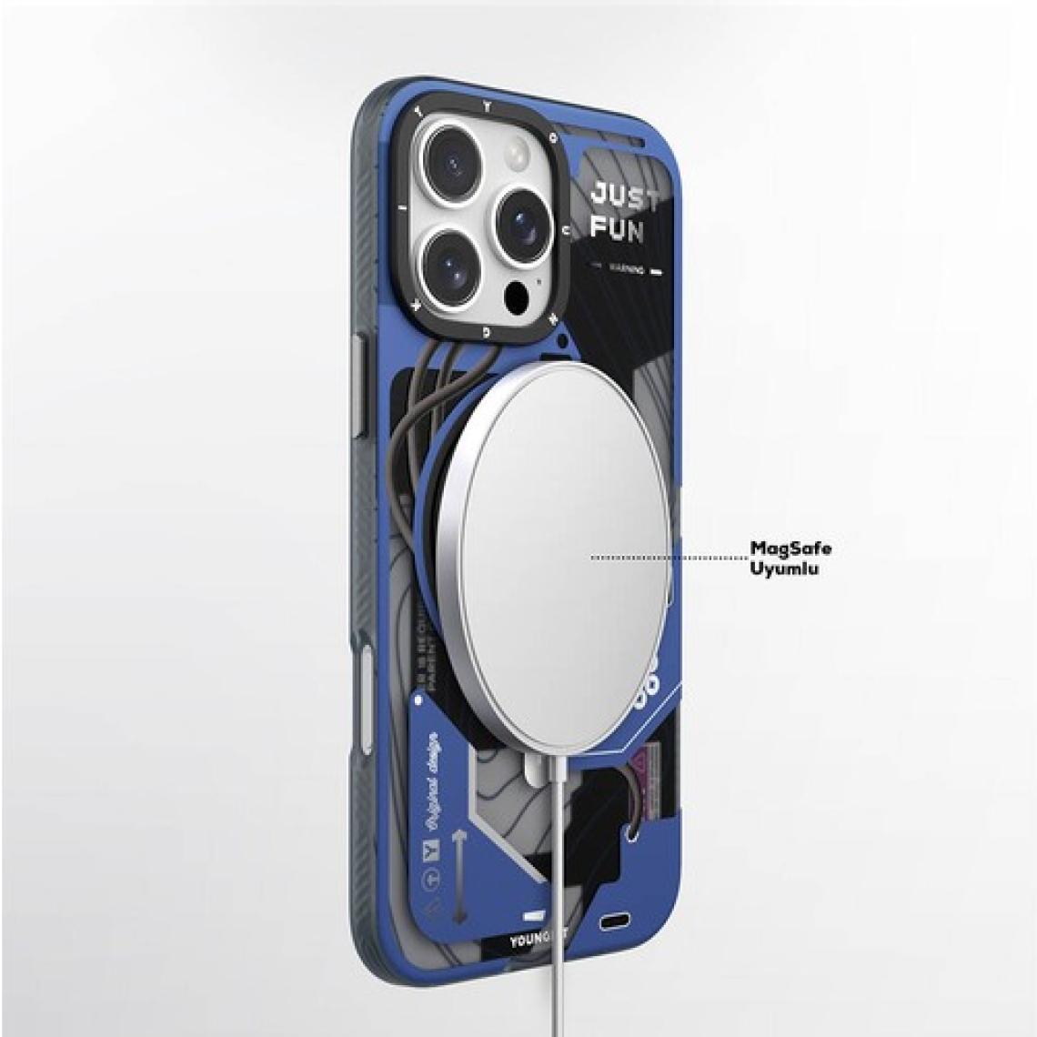 YoungKit iPhone 16 Pro Max Uyumlu Kılıf Magsafe Şarj Özellikli Youngkit 360° Standlı Starship Serisi Mavi