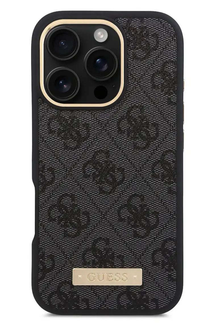 Guess Apple iPhone 16 Pro Max Kılıf Guess Orjinal Lisanslı Magsafe Özellik 4g Desen Pu Metal Klasik Logolu Siyah