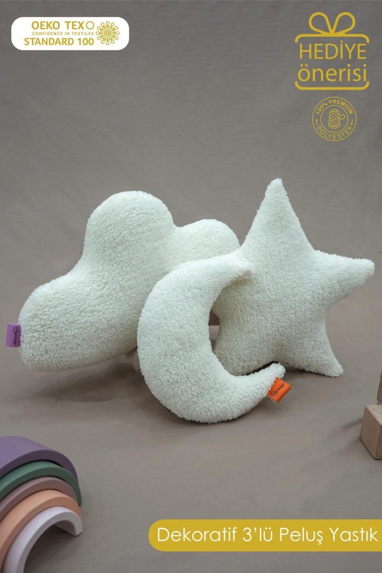 3'lü Dekoratif Pelüş Yastık, Premium Peluş Bulut Yıldız Ay Bebek Yastığı,teddy Kumaş Sky Serisi