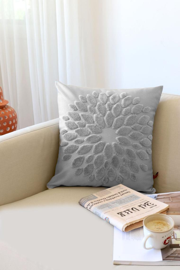 Bohem Özel Tasarım Punch Panç Desen Kare Dekoratif Kırlent Kılıfı Flower Gri
