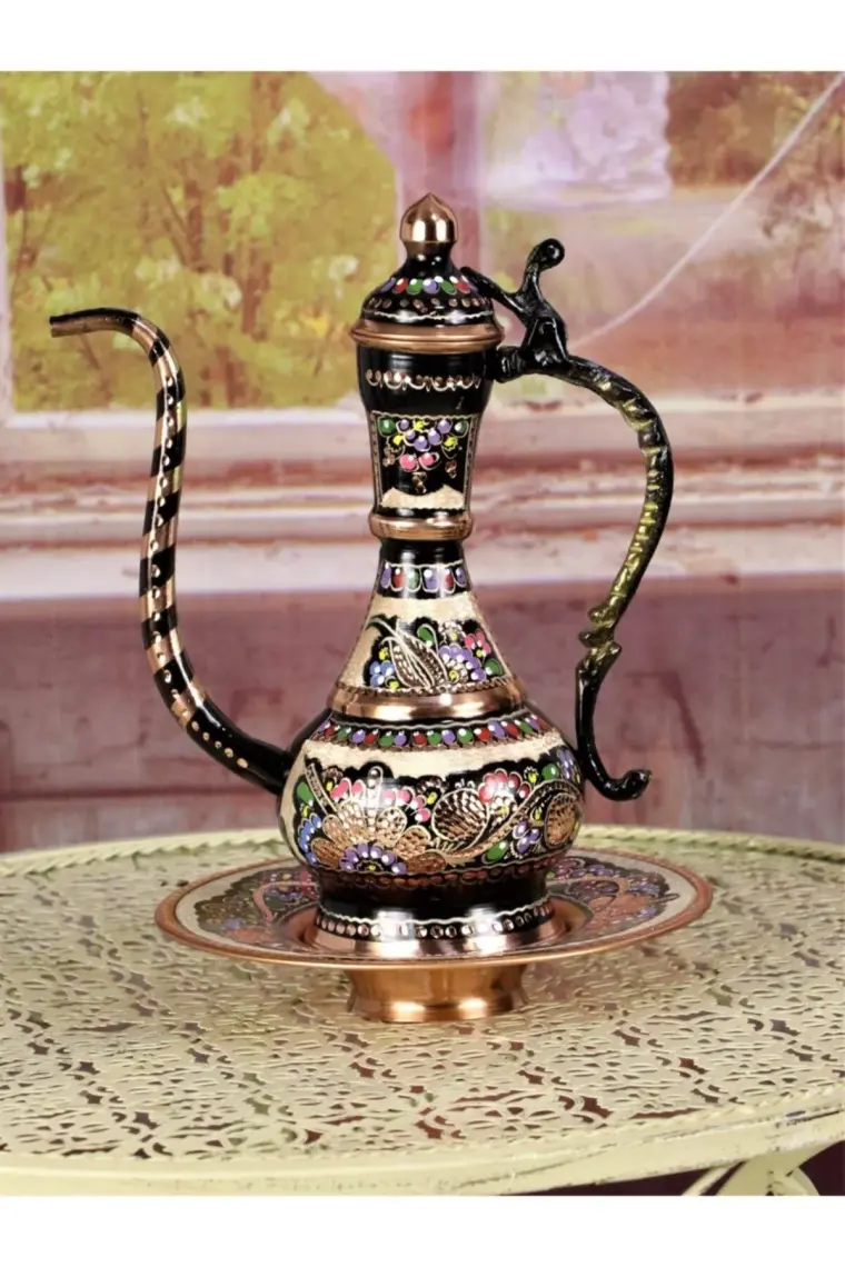 Gül Çiçek Boyalı Küçük Dekoratif Bakır ibrik