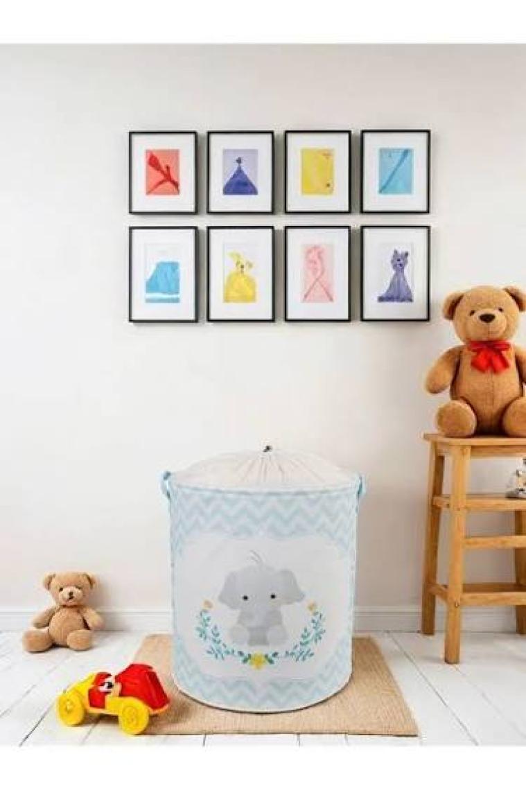 Mavi Fil Baskılı Fileli Oyuncak Çamaşır Kirli Organizer Düzenleyici Sepet 37  x  40