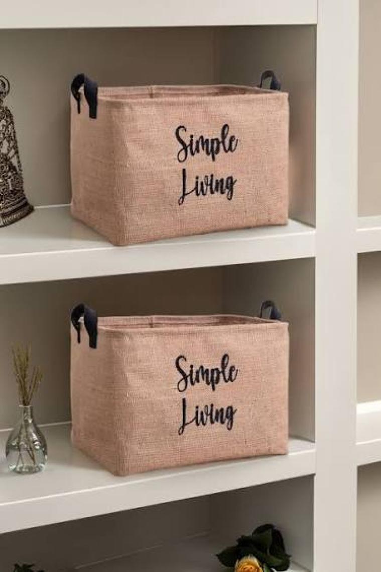 2'li Jüt Orta Boy Simple Living Baskılı Düzenleyici Saklama Sepeti Set 30 x 22 x 18