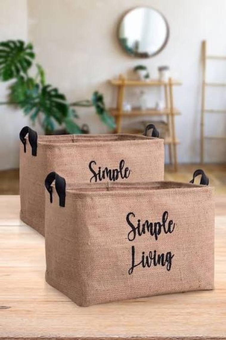 2'li Jüt Orta Boy Simple Living Baskılı Düzenleyici Saklama Sepeti Set 30 x 22 x 18