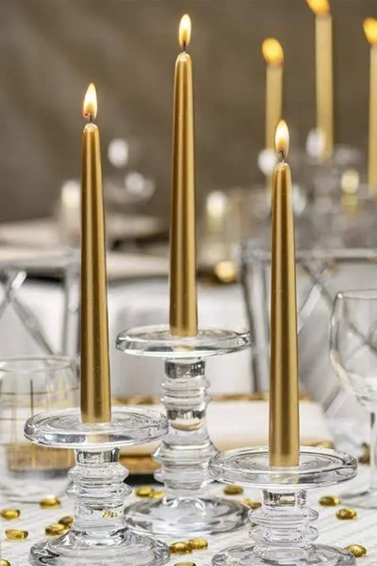 MaisonArt Şamdan Mumu | 4 Adet | Parlak Metalik Gold Renk Konik Şamdan Mumu
