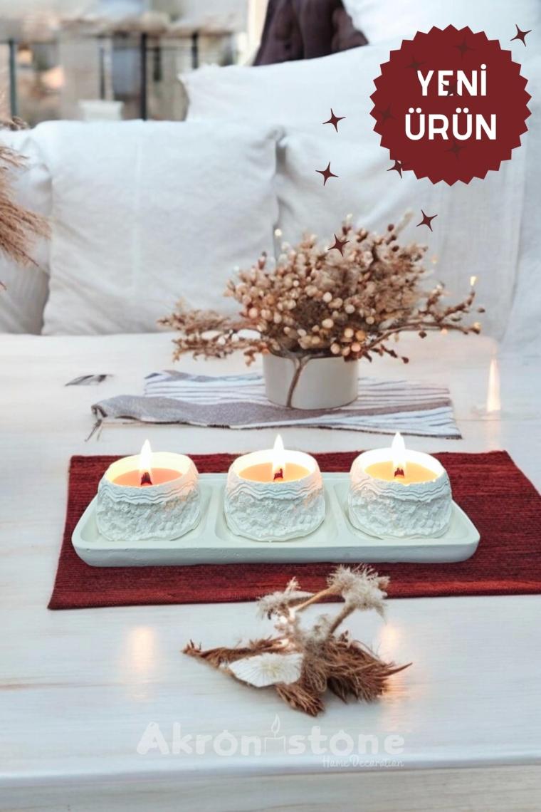 Akronistone Dekoratif Tepside Kayalık Detaylı Üçlü Mum Seti