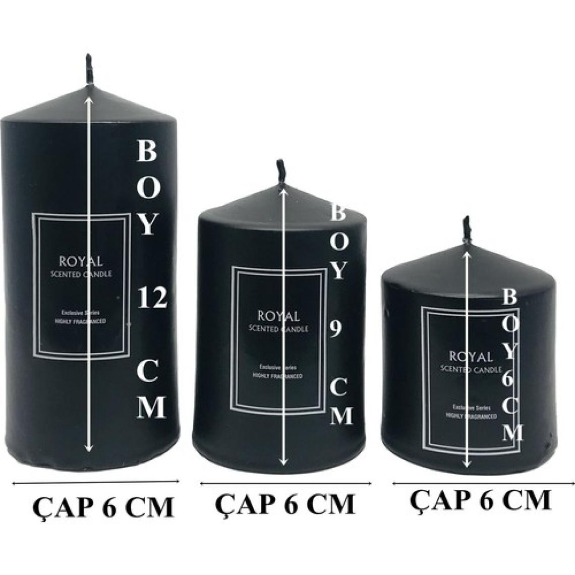 Royal Süper Set Siyah Silindir Mum Pudra Kokulu 6 Çap Boylar 6 x 9 x 12 cm