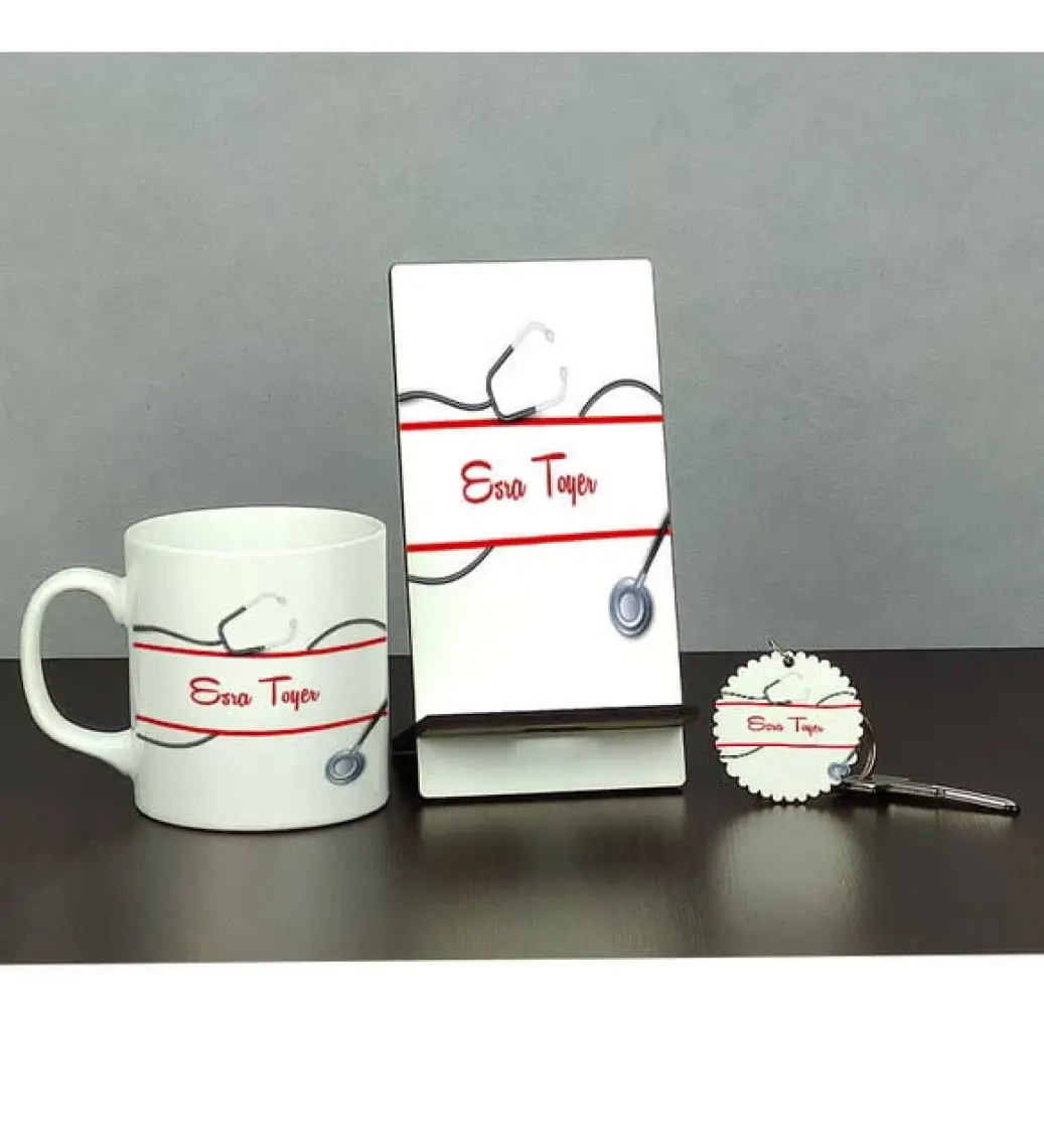 Hediyelen Doktor Hediyesi Üçlü Set (Kupa + Telefon Standı + Anahtarlık)