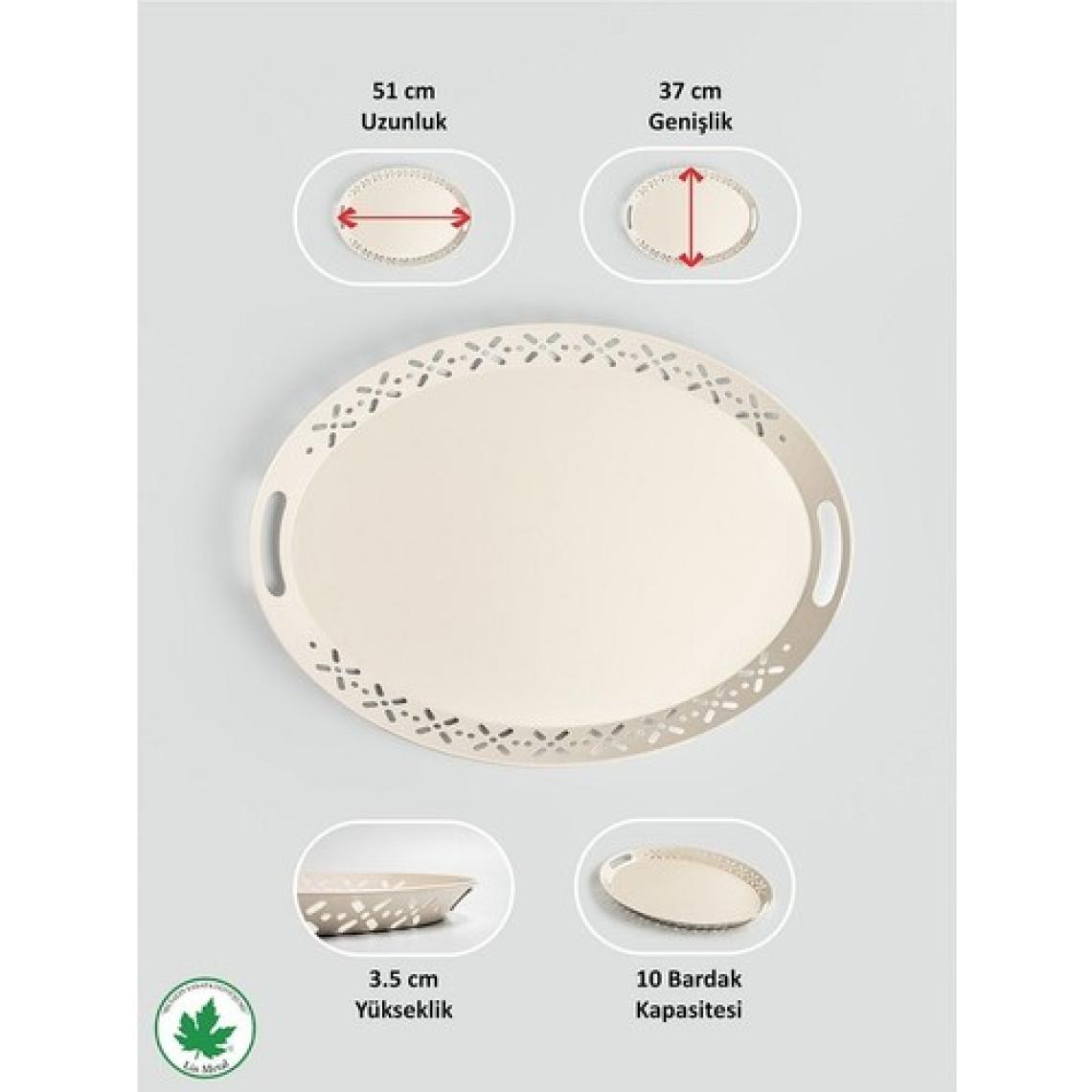 Lalin Tepsi Metal Oval Servis Tepsisi Krem, Romantik Tepsi, Büyük Tepsi,çay Kahve Tepsisi