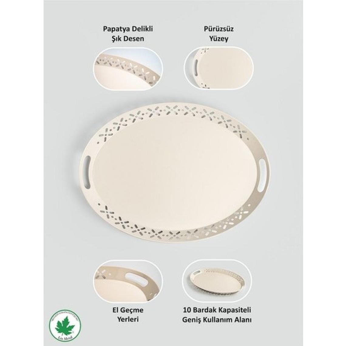 Lalin Tepsi Metal Oval Servis Tepsisi Krem, Romantik Tepsi, Büyük Tepsi,çay Kahve Tepsisi