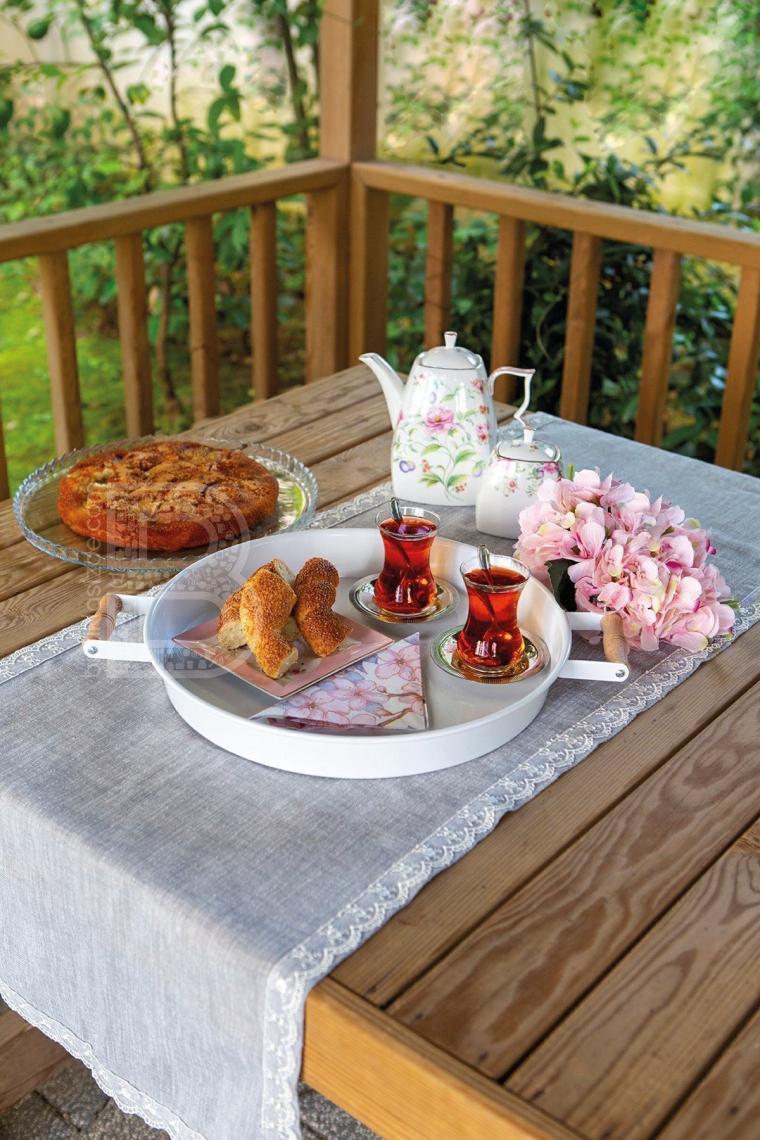 2 Li Ahşap Kulplu 51 Cm Metal Tepsi Ve 37 Cm Beyaz Tepsi Çay Kahve Sunum Tepsisi