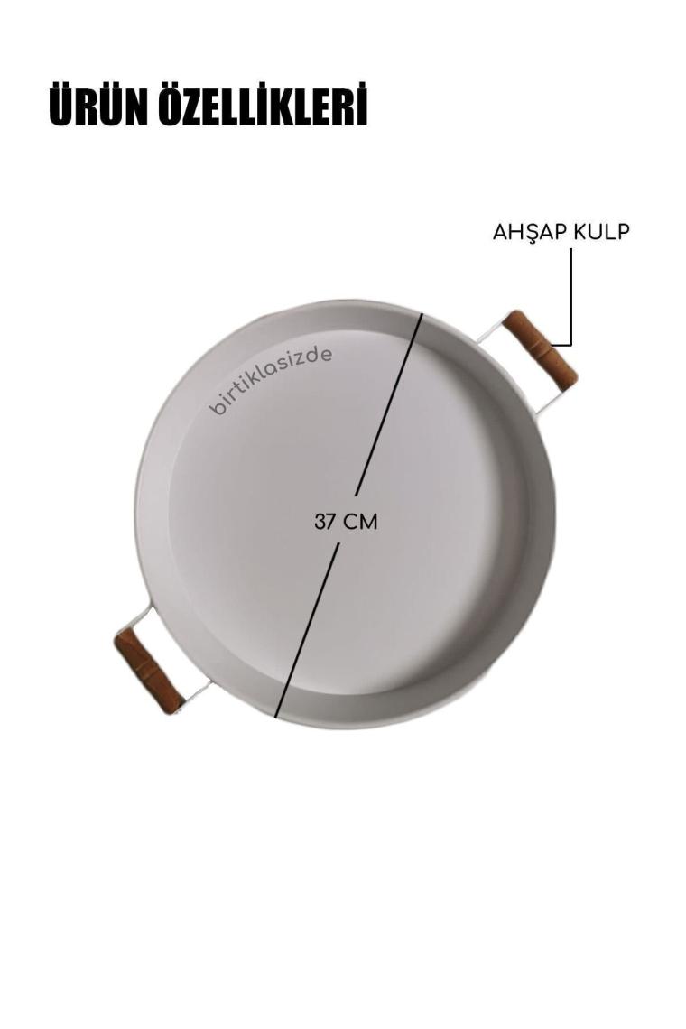 2 Li Ahşap Kulplu 51 Cm Metal Tepsi Ve 37 Cm Beyaz Tepsi Çay Kahve Sunum Tepsisi