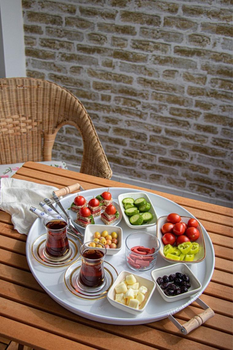 2'li Ahşap Kulplu 45 cm Metal Tepsi Ve 30 Cm Beyaz Tepsi Çay Kahve Sunum Tepsisi