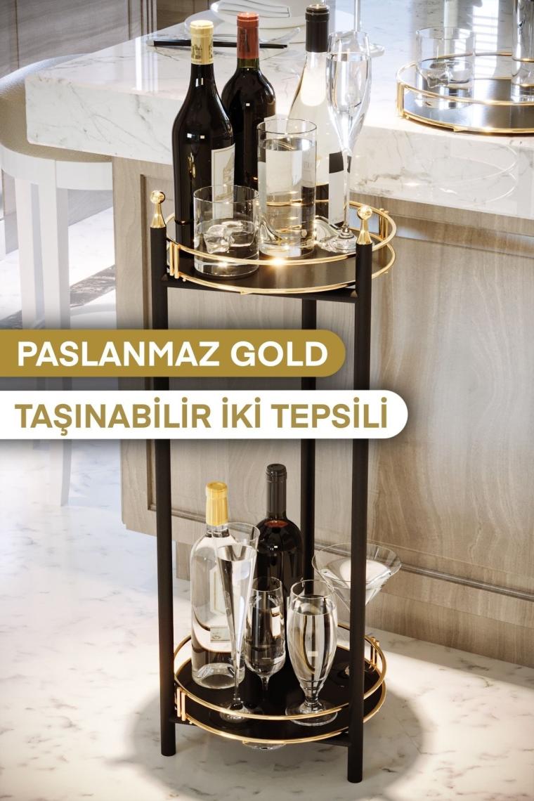 Servis Sunum İkramlık Kek Pasta Standı Sunumluk Lüks Metal Gold 2 Katlı Tepsi Servis Arabası