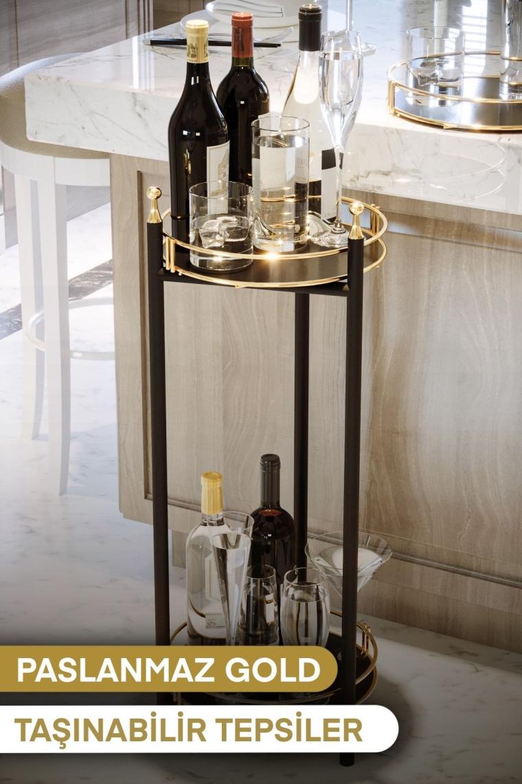 Servis Sunum İkramlık Kek Pasta Standı Sunumluk Lüks Metal Gold 2 Katlı Tepsi Servis Arabası