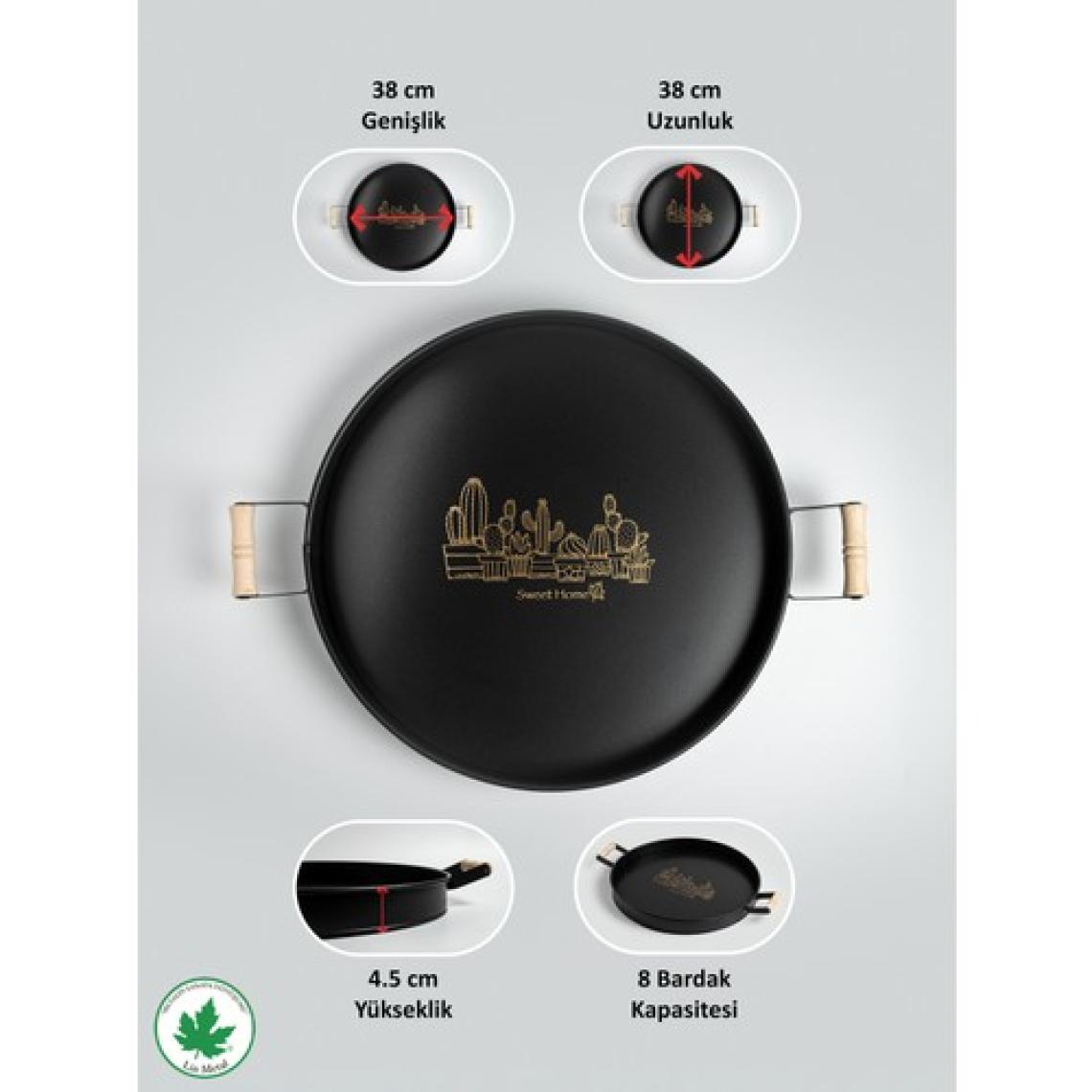 Lin Metal Ahşap Kulplu Yuvarlak Metal Servis Tepsisi 37CM, Kahve Tepsisi, Sunum Tepsisi (Kaktüs Baskılı)