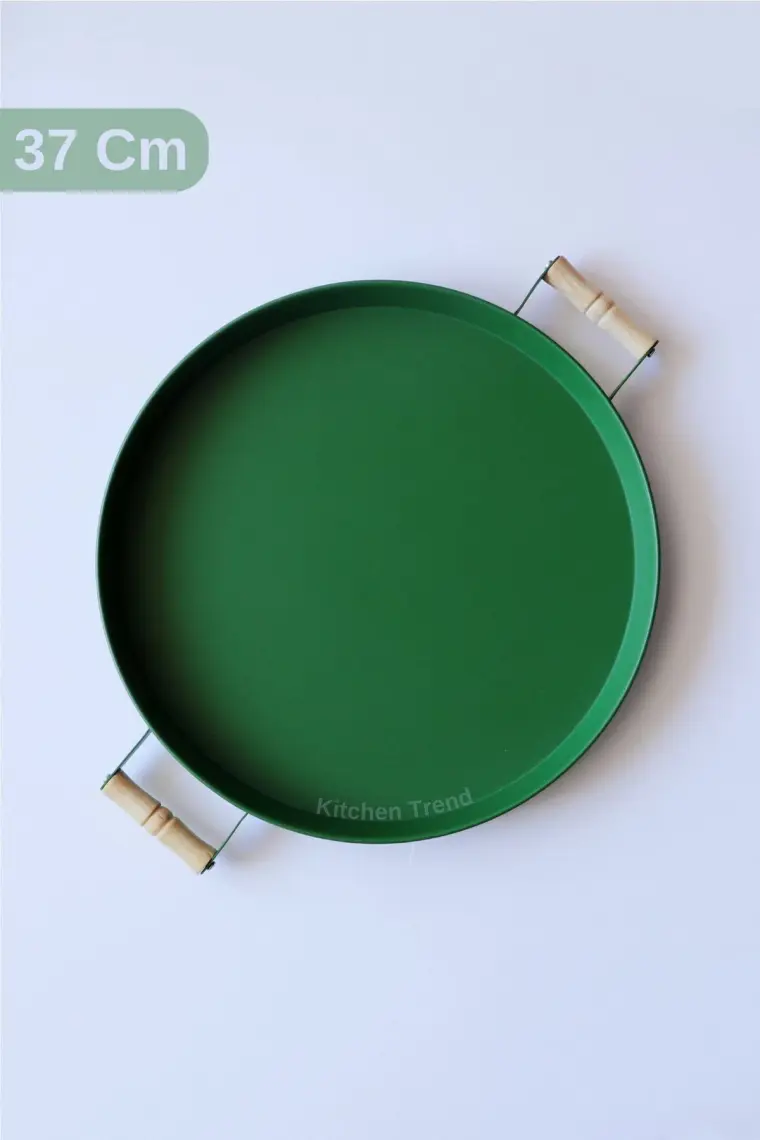 Kitchen Trend 37 cm Ahşap Kulplu Metal Yuvarlak Yeşil Tepsi Sunum Tepsi, Kahvaltı Tepsisi