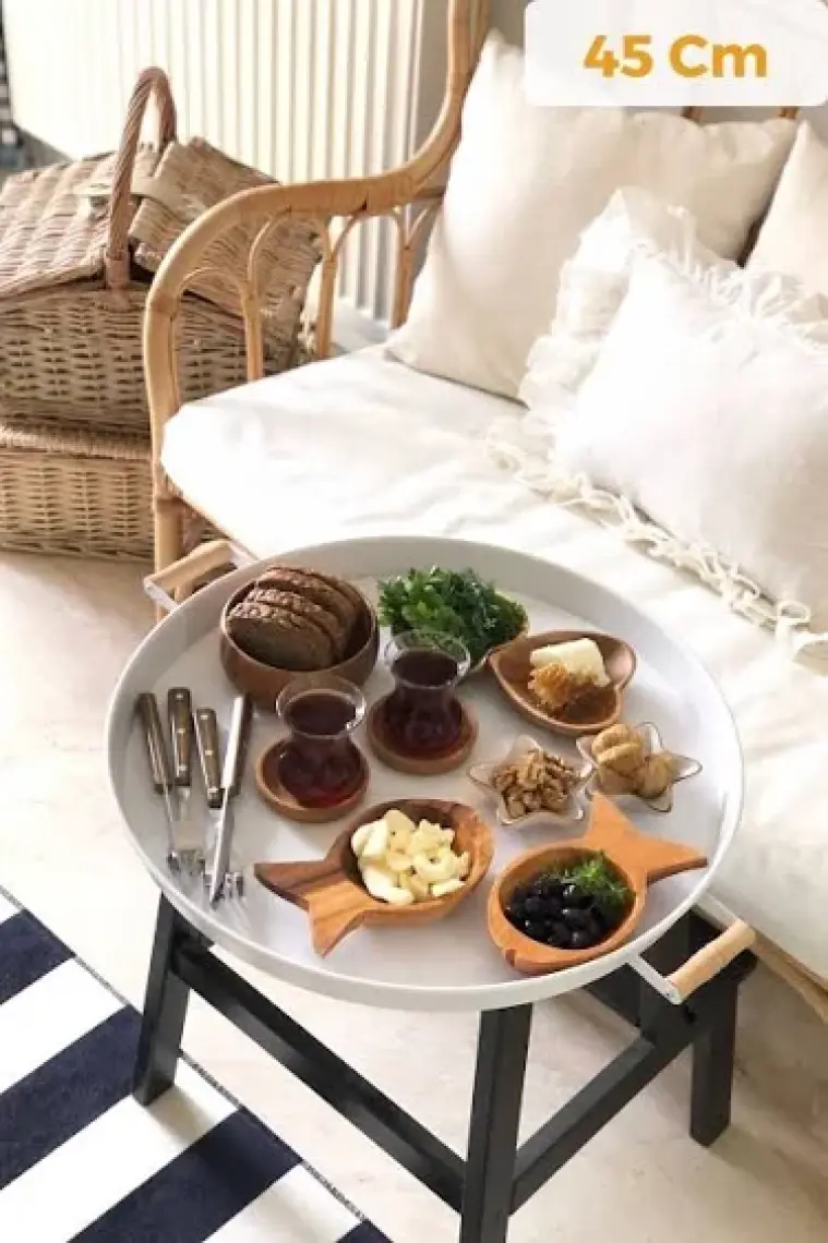 Kitchen Trend 2'li Ahşap Kulplu 45 cm Metal Tepsi ve 37 cm Beyaz Tepsi Çay Kahve Sunum Tepsisi