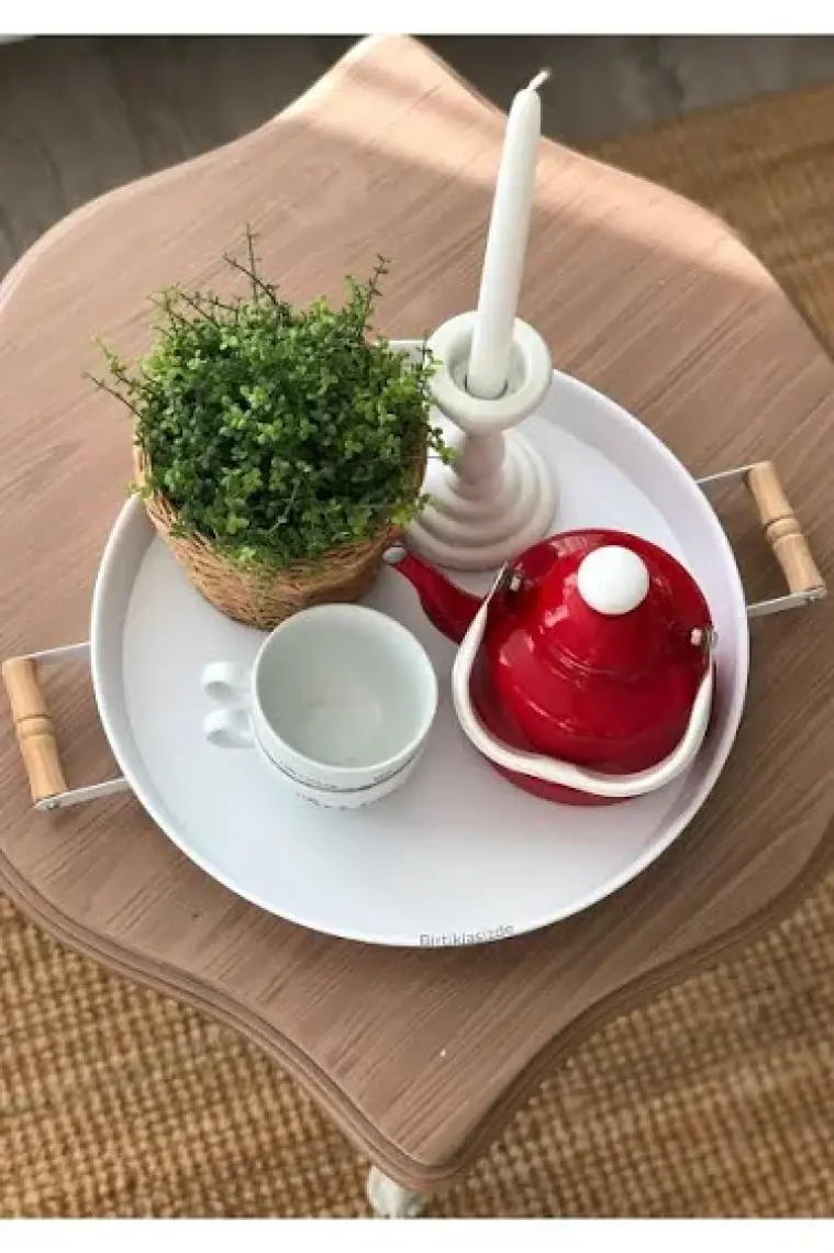 Kitchen Trend 2'li Ahşap Kulplu 45 cm Metal Tepsi ve 37 cm Beyaz Tepsi Çay Kahve Sunum Tepsisi