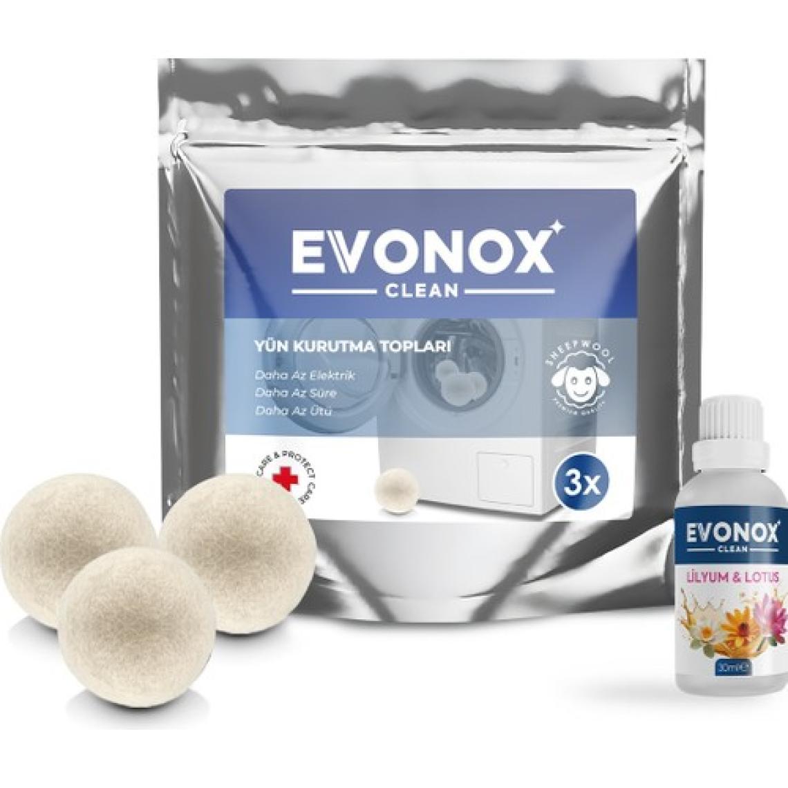 Evonox Clean 3 Adet Çamaşır Yün Keçe Kurutma Topu + 30ML Esans Koku Hediye - Doğal ve Çevre Dostu