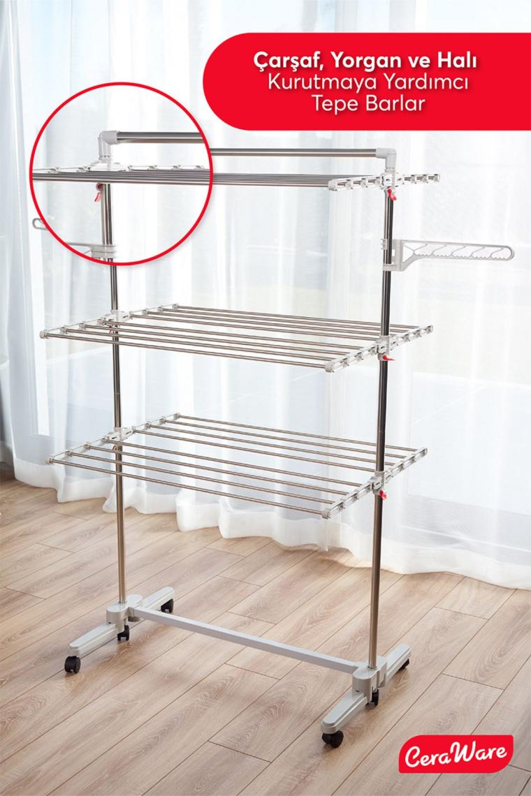 3 Katlı Çamaşırlık Tekerlekli Lüks Çamaşır Kurutma Askılığı