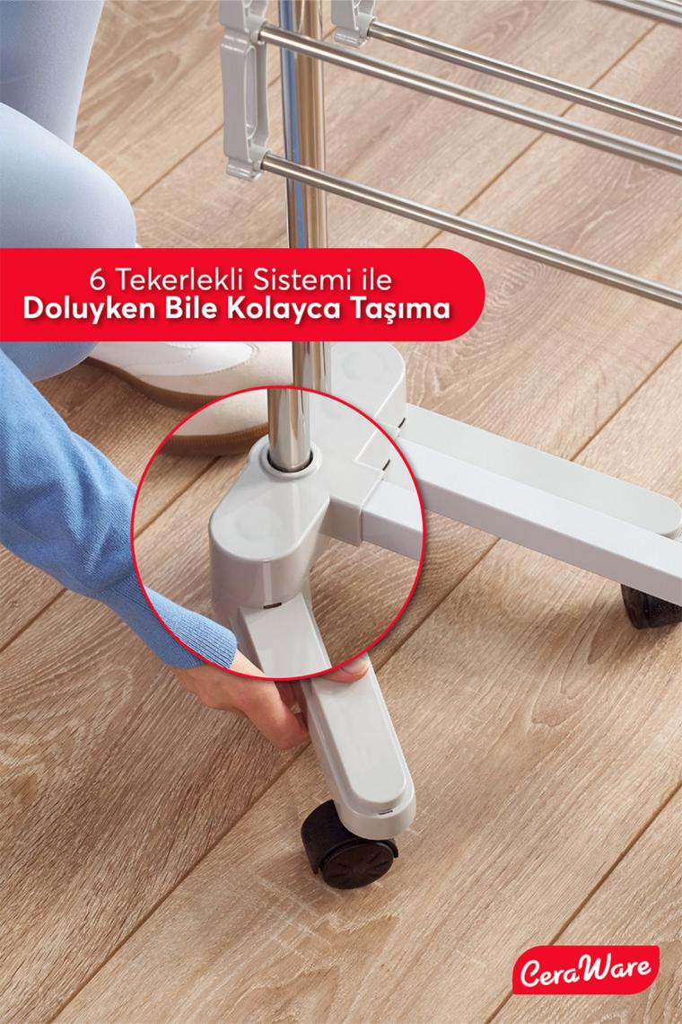 3 Katlı Çamaşırlık Tekerlekli Lüks Çamaşır Kurutma Askılığı