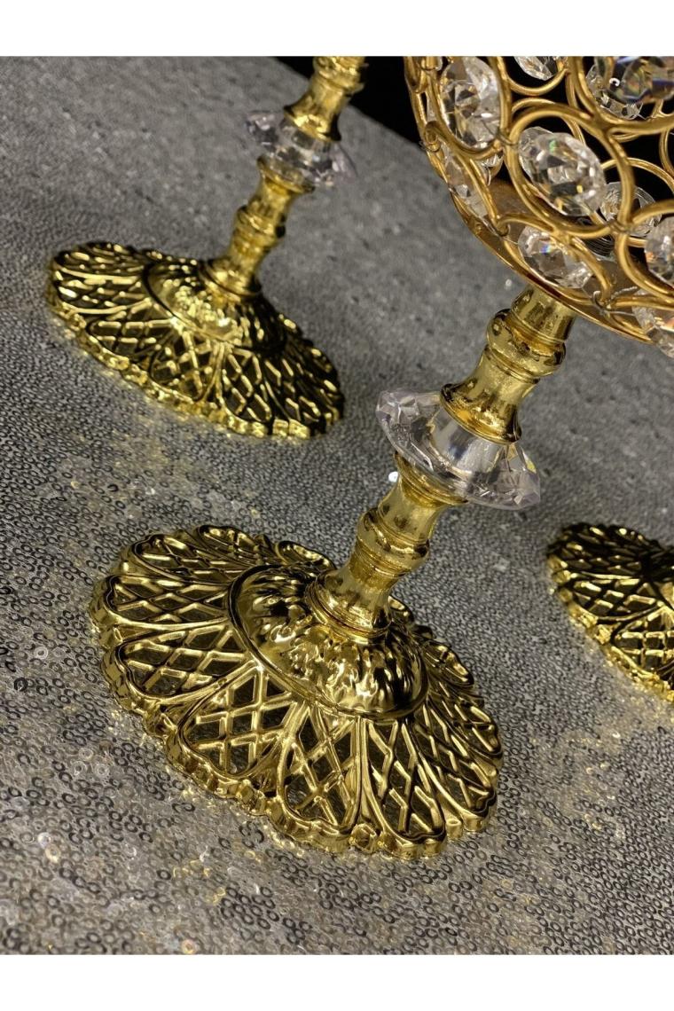 Best Hırdavat Besthırdavat Kristal Taşlı Ayaklı Gold Şamdan 3'lü Set