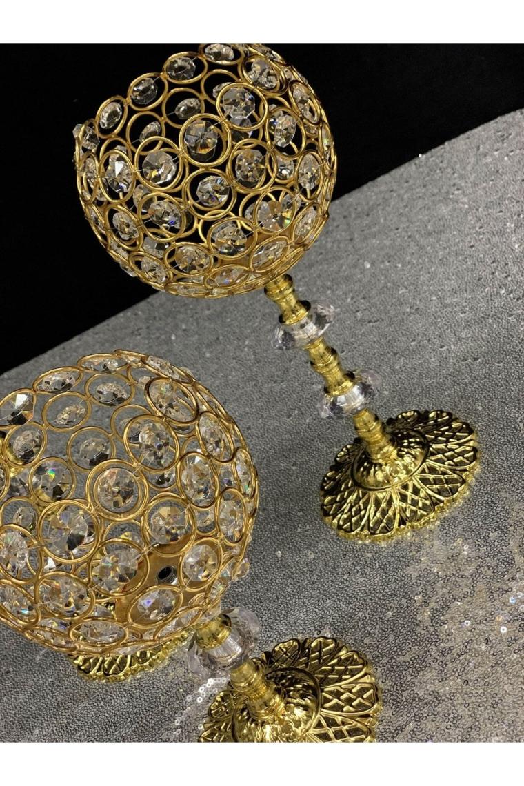 Best Hırdavat Besthırdavat Kristal Taşlı Ayaklı Gold Şamdan 3'lü Set