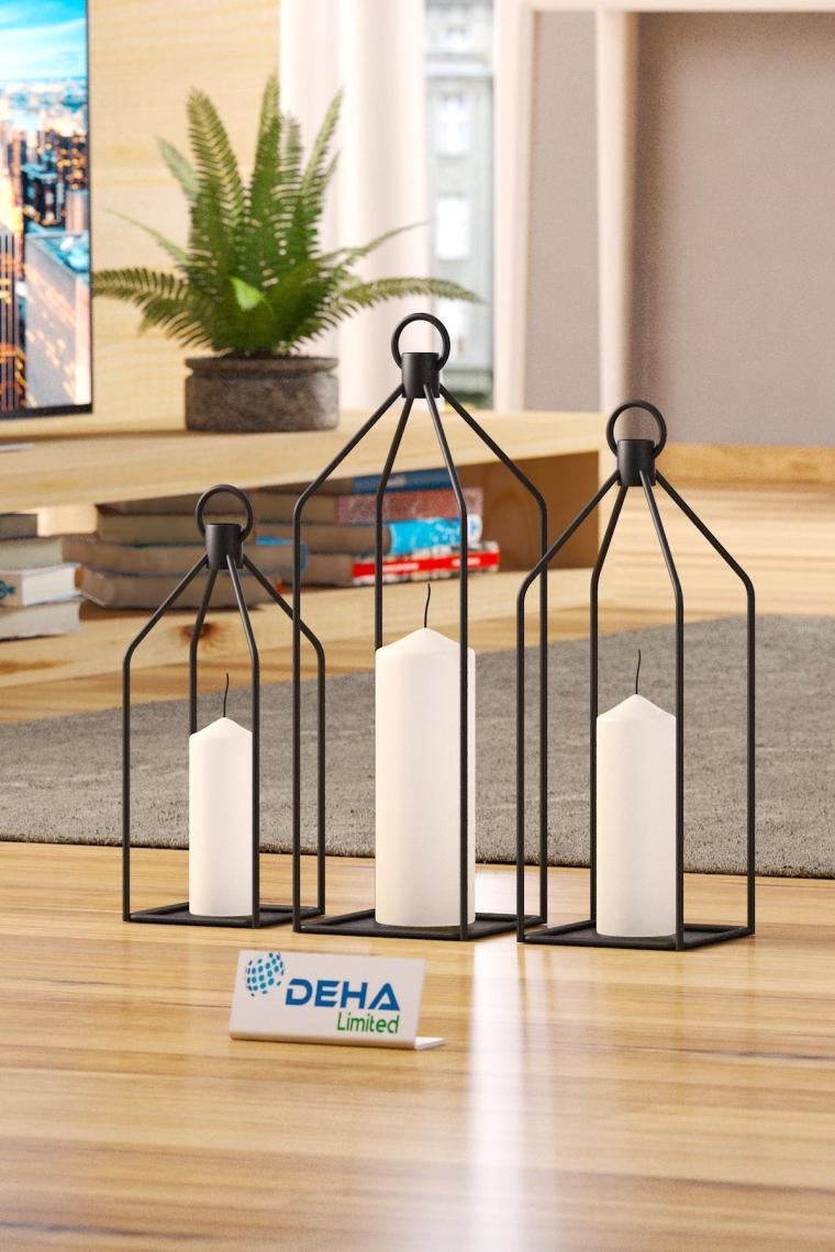 Metal Kafes 3’lü Set Mumluk Fener Dekoratif Mumluk Ferforje Şamdan