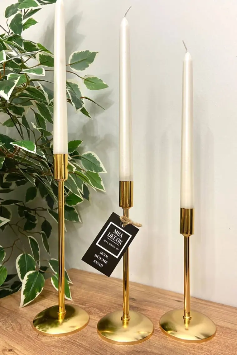 3'lü Düz Ayak Gold Şamdan Mumluk, Dekoratif ve Şık Ev Aksesuarı