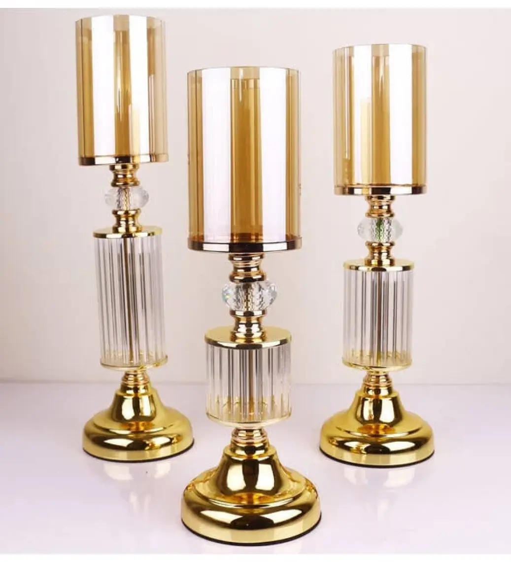 Tasarım Evi Ultra Lüks Kristal Taşlı Ayaklı Gold Şamdan 3'lü Set