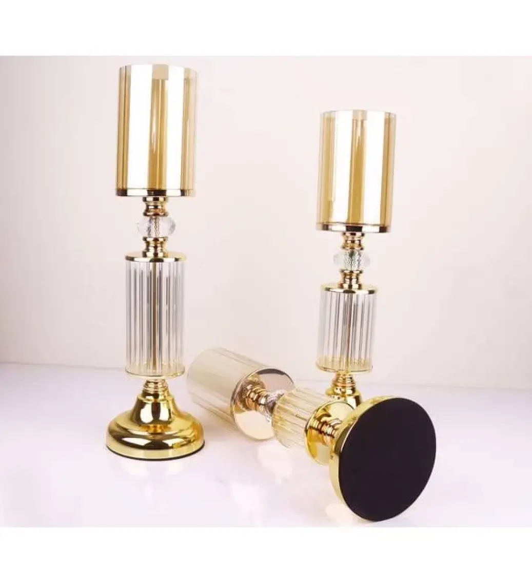 Tasarım Evi Ultra Lüks Kristal Taşlı Ayaklı Gold Şamdan 3'lü Set