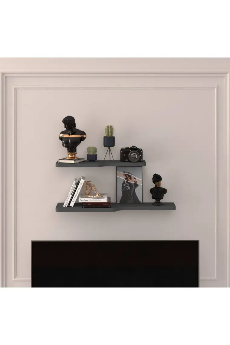 Asra Trend Doğal Modern Organizer Düzenleyici Kıvrımlı Dekoratif  Kitaplık Banyo Mutfak Duvar Rafı Antrasit