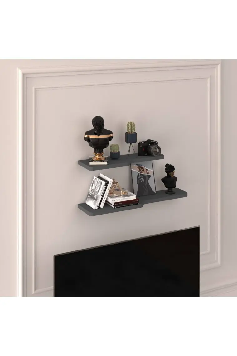 Asra Trend Doğal Modern Organizer Düzenleyici Kıvrımlı Dekoratif  Kitaplık Banyo Mutfak Duvar Rafı Antrasit