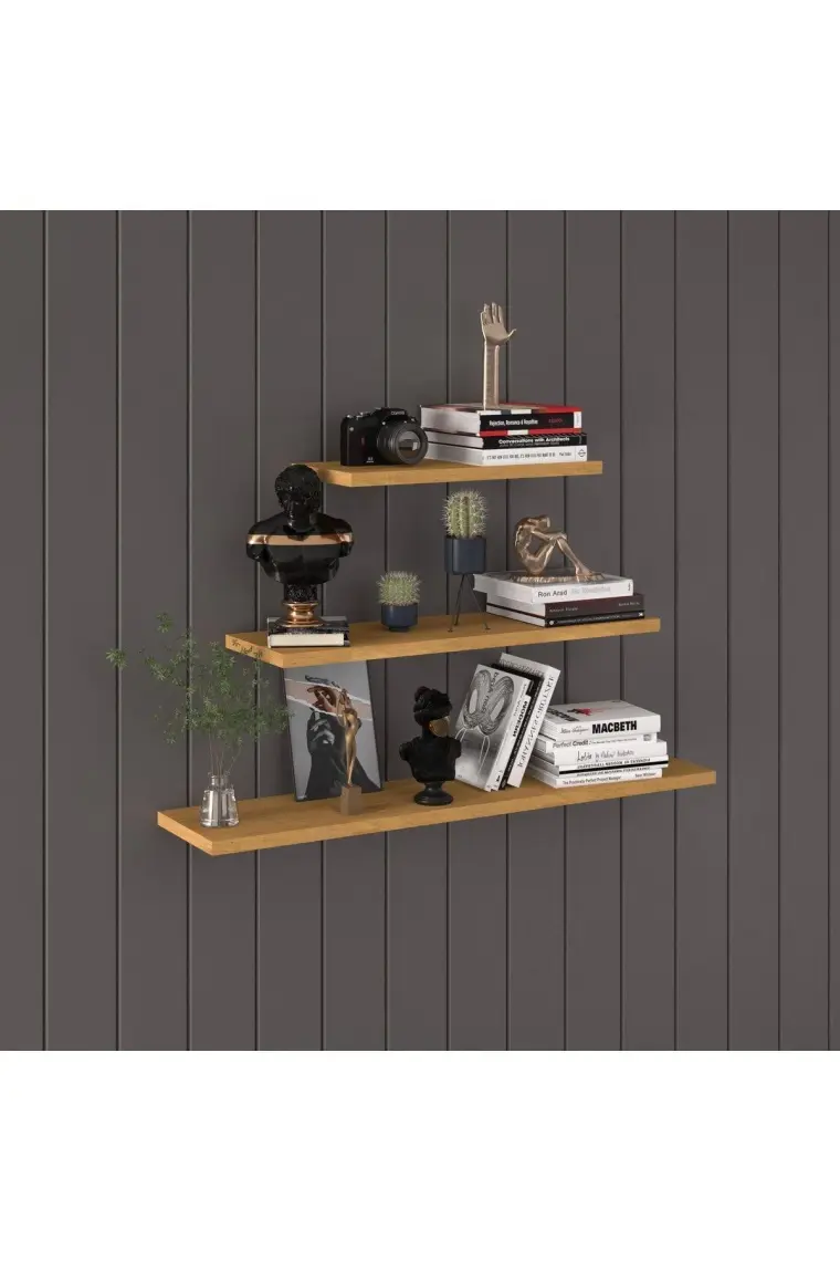 Asra Trend Doğal Modern Organizer Düzenleyici Dekoratif  Kitaplık Banyo Mutfak 3'lü Duvar Rafı